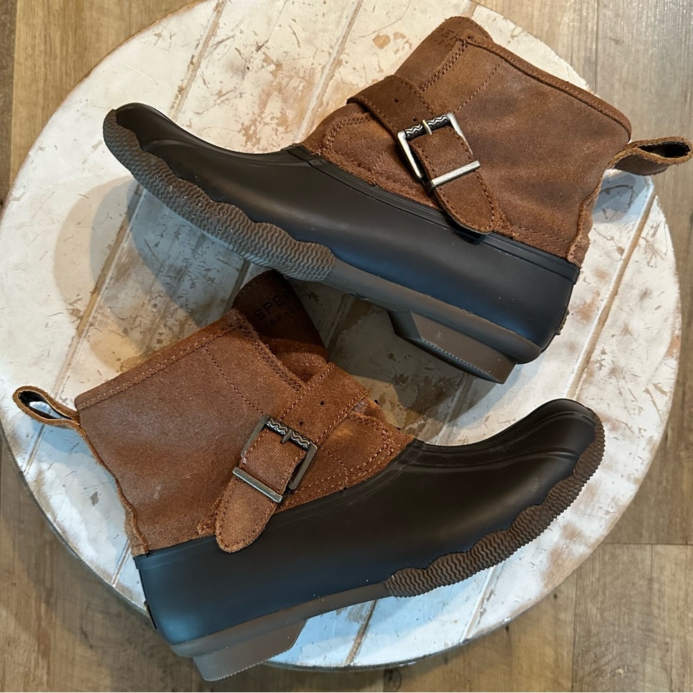 Sperry Brown Suede & Dark Brown Rubber Duck Booties